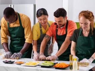 Lifestyle: people learning to make sushi