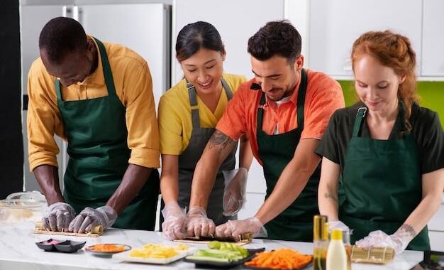 Lifestyle: people learning to make sushi