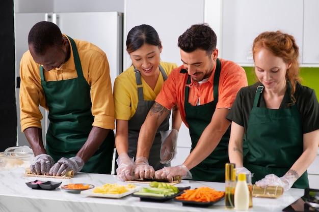 Lifestyle: people learning to make sushi